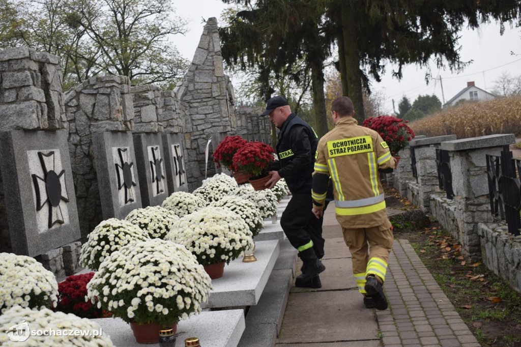 Akcja chryzantema. OSP Giżyce pomogło pani Ani z Rybna. 150 kwiatów zdobi okolice