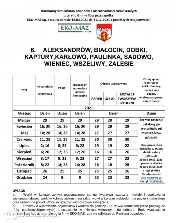 Harmonogram odbioru odpadów w gminie Iłów
