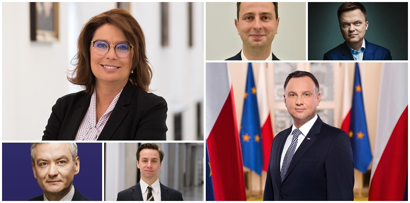 Kandydaci na prezydenta: Andrzej Duda, Małgorzata Kidawa-Błońska, Władysław Kosiniak-Kamysz, Robert Biedroń, Krzysztof Bosak i Szymon Hołownia